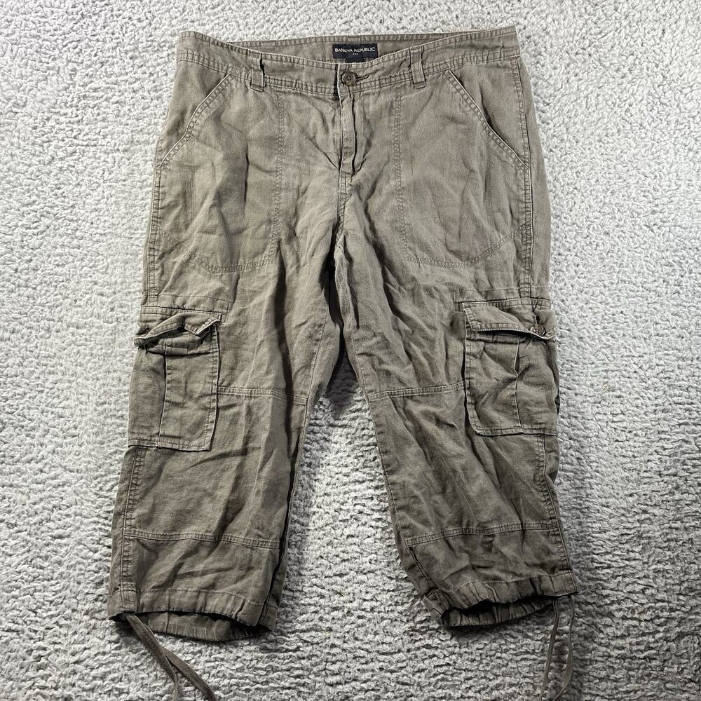 Banana Republic Womens Size 12 Olive Green 100% Linen Slouchy Cargo Crop Pants